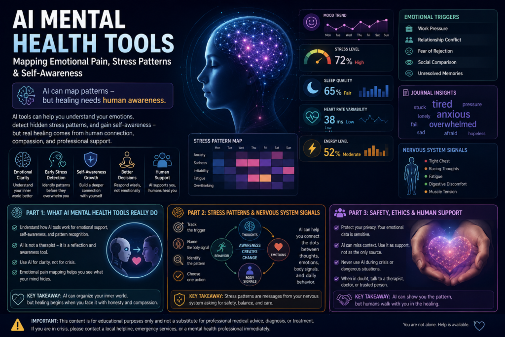 AI mental health tools showing emotional pain mapping, stress pattern analysis, privacy safety, ethics, and human support