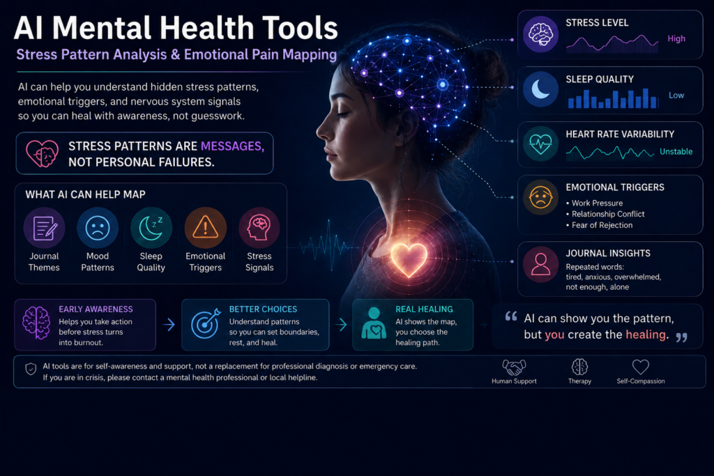 AI mental health tools showing stress pattern analysis, nervous system signals, emotion recognition AI, and emotional pain detection AI