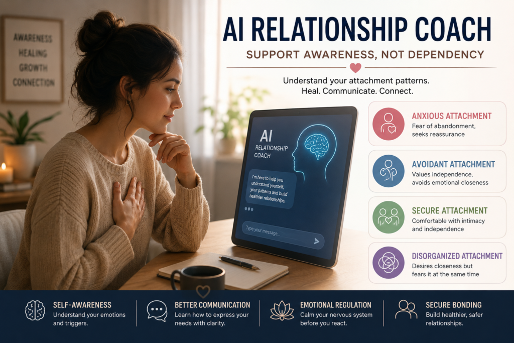 AI relationship coach helping attachment styles, emotional awareness, communication, and secure bonding
