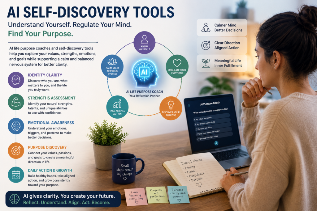 AI self-discovery tools supporting nervous system clarity, emotional awareness, strengths assessment, and purpose direction.AI self-discovery tools supporting nervous system clarity, emotional awareness, strengths assessment, and purpose direction.