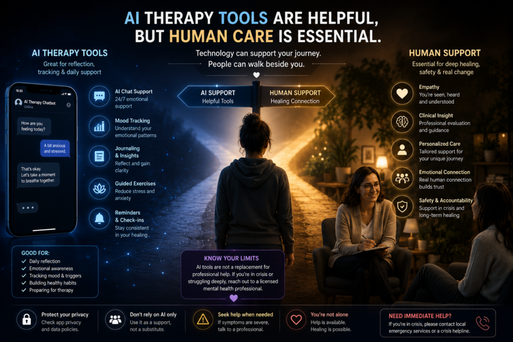 AI therapy tools and AI therapy chatbot support reflection, but hybrid therapy, online counseling, and human care remain essential for safe healing.