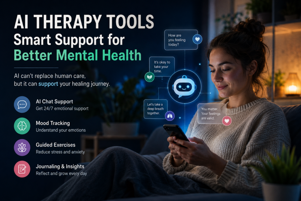 AI therapy tools supporting AI mental health apps, online counseling, hybrid therapy, and AI therapy chatbot features for safe emotional support.