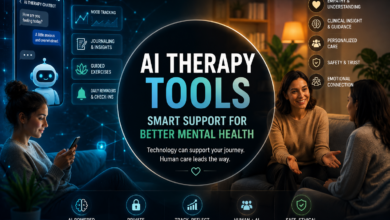 AI therapy tools supporting AI mental health apps, online counseling, hybrid therapy, and AI therapy chatbot guidance for safer mental health care.