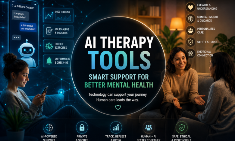 AI therapy tools supporting AI mental health apps, online counseling, hybrid therapy, and AI therapy chatbot guidance for safer mental health care.