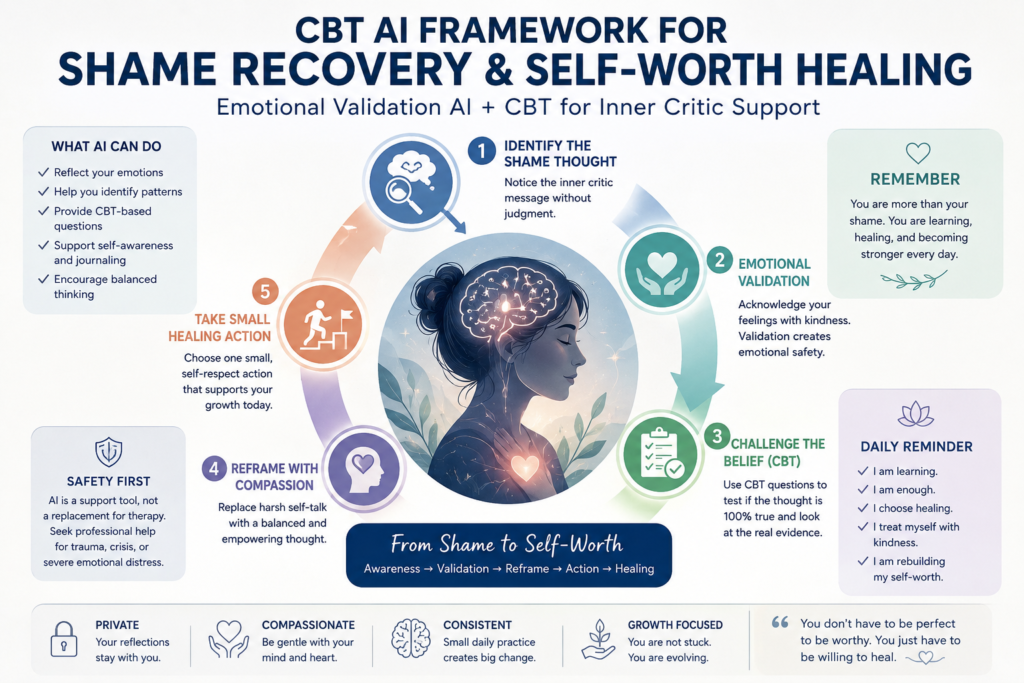 CBT AI framework for shame recovery using emotional validation AI, CBT for inner critic support, and self-worth healing steps
