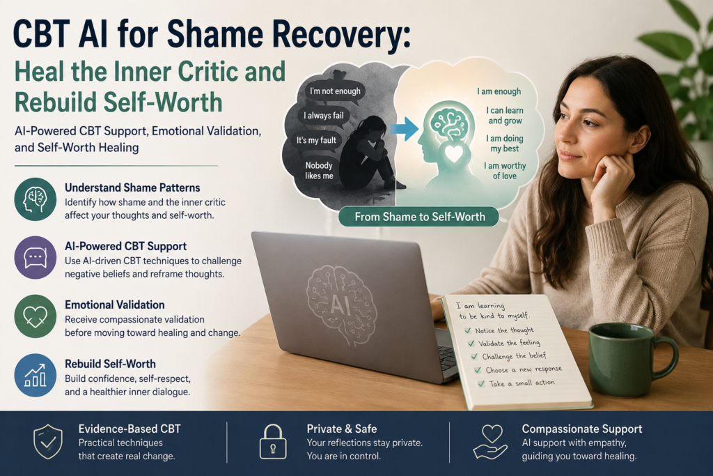CBT AI for shame recovery showing emotional validation AI, CBT for inner critic support, and rebuilding self-worth with CBT