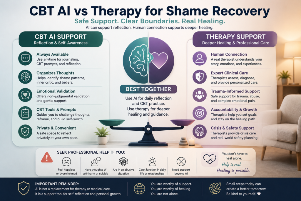 CBT AI vs therapy for shame recovery showing safe AI support, emotional validation AI, CBT reflection, and professional therapy boundaries