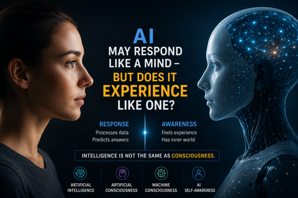Can AI become conscious comparison showing artificial intelligence consciousness, artificial consciousness, machine consciousness, and AI self-awareness.