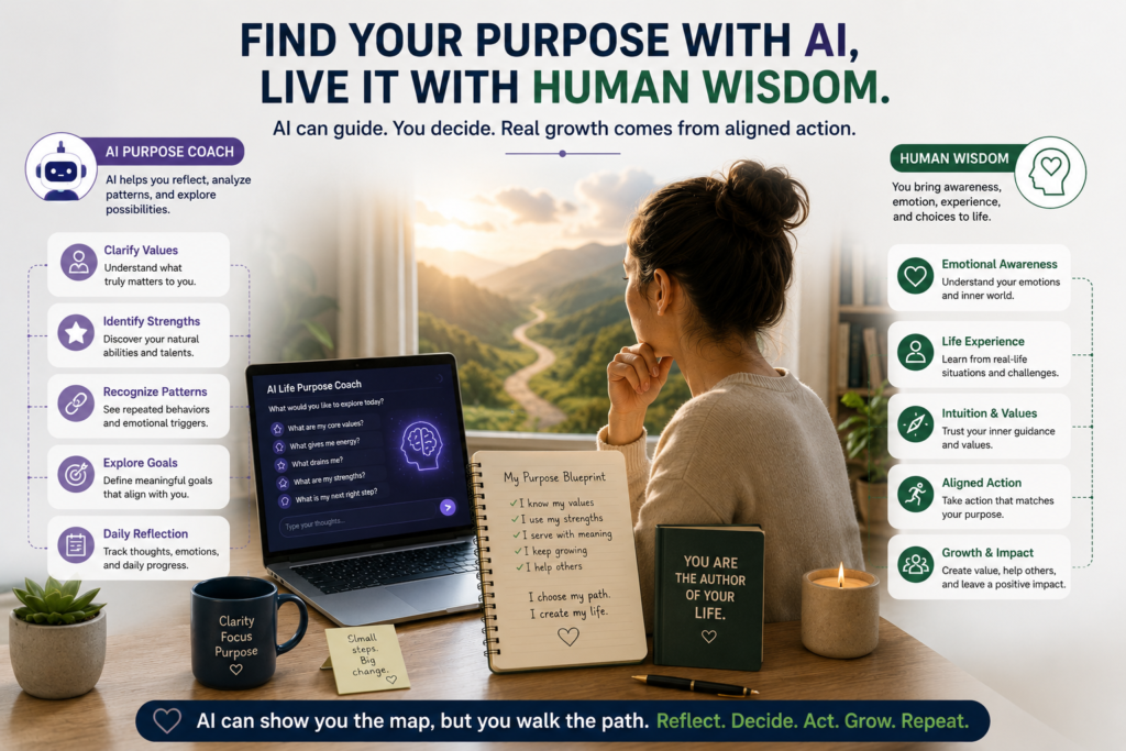 Find your purpose with AI using an AI life purpose coach, self-discovery tools, emotional awareness, and human wisdom.