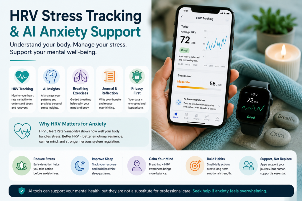 HRV stress tracking with AI apps for anxiety relief, wearable stress tracking, breathing apps for anxiety, and AI stress prediction support.