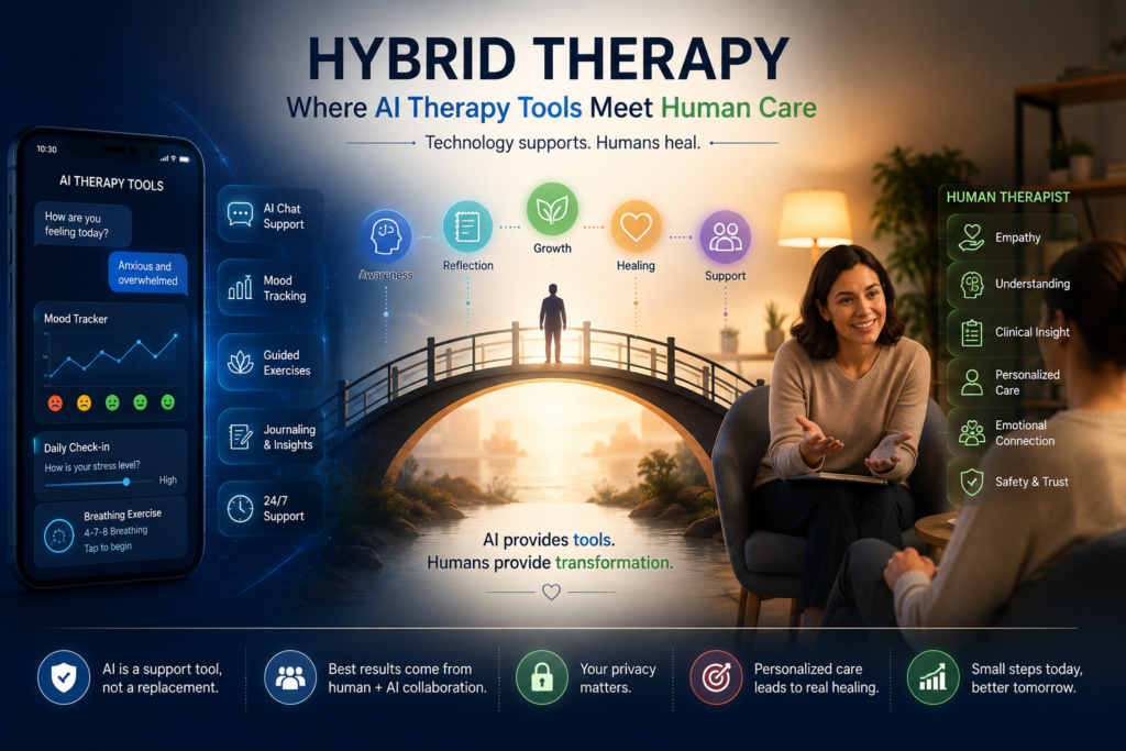 Hybrid therapy combining AI therapy tools, AI mental health apps, online counseling, and human care for safer emotional support.