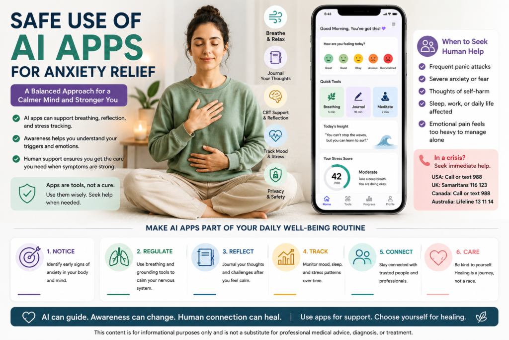 Safe use of AI apps for anxiety relief with AI mental health apps, breathing apps for anxiety, HRV stress tracking, privacy, and human support.