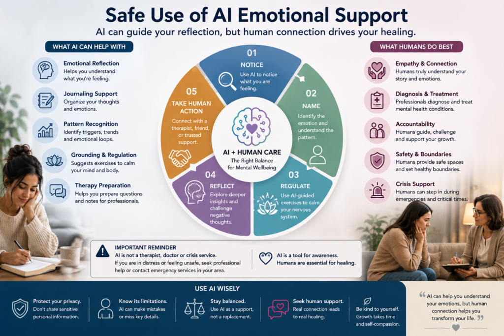 Safe use of AI emotional support showing AI emotional intelligence mental health tools with human care, nervous system regulation, and therapy support.