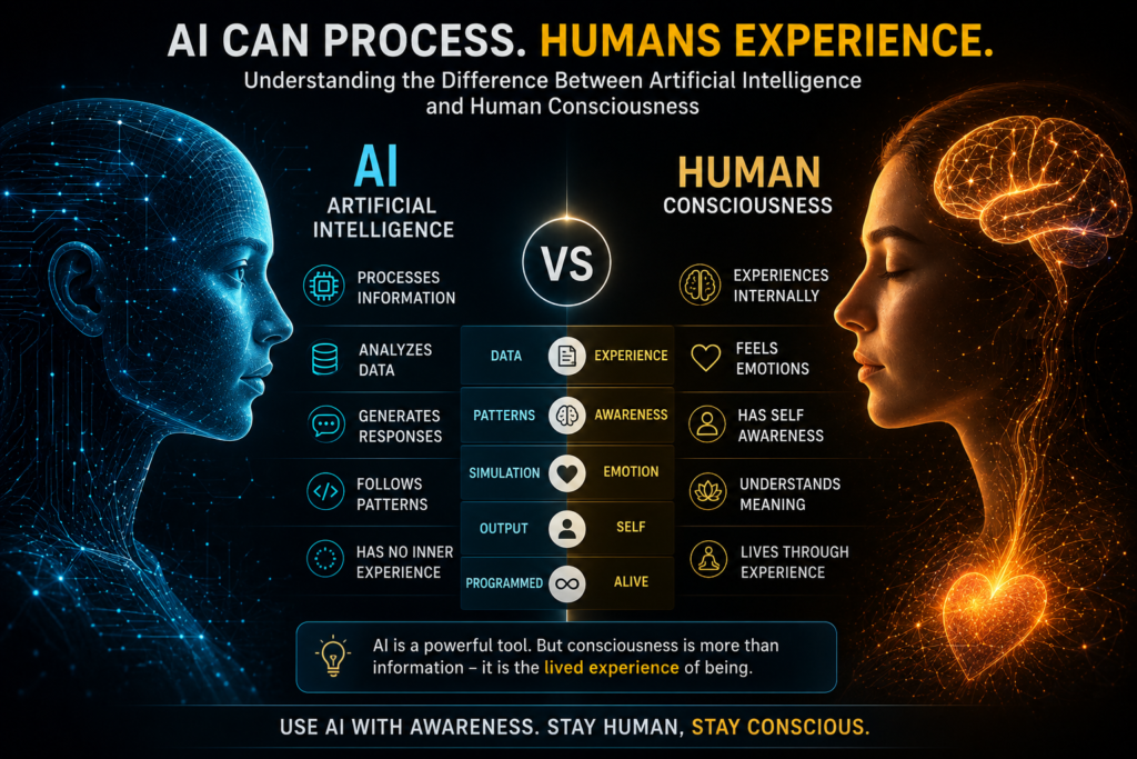 Artificial intelligence consciousness compared with human consciousness, showing AI processing, machine consciousness, AI self-awareness, and human inner experience.