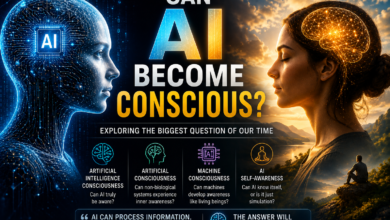 Can AI become conscious main image explaining artificial intelligence consciousness, artificial consciousness, machine consciousness, and AI self-awareness.
