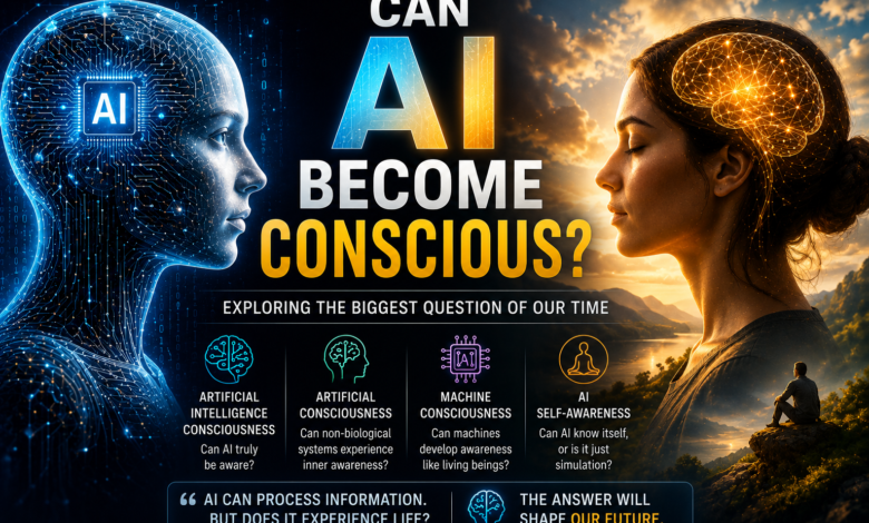Can AI become conscious main image explaining artificial intelligence consciousness, artificial consciousness, machine consciousness, and AI self-awareness.