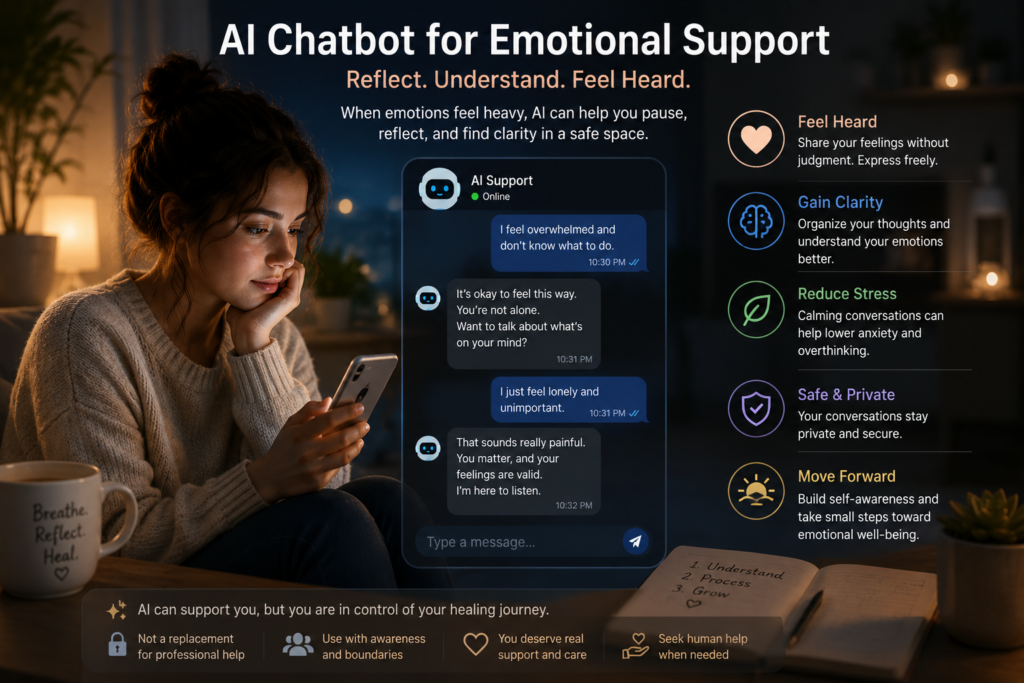 AI chatbot for emotional support helping a person feel heard, gain clarity, reduce stress, and use AI emotional support safely.