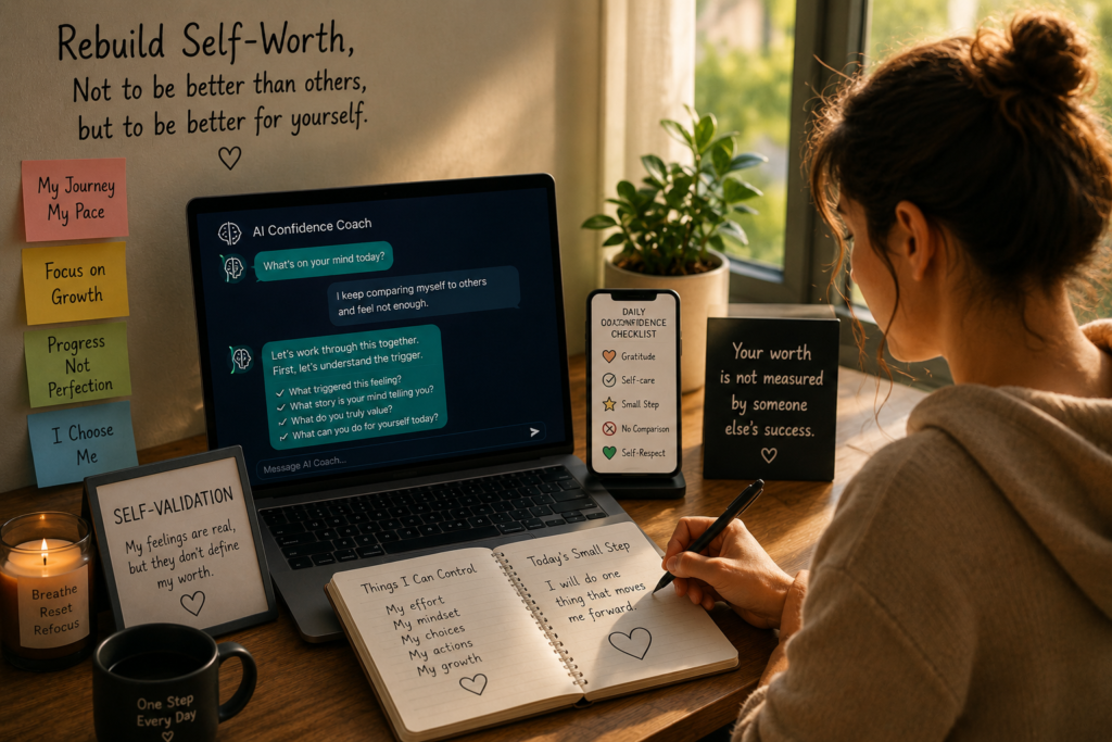 AI confidence coaching and self-validation training helping rebuild self-worth, reduce comparison anxiety, and support inner validation.