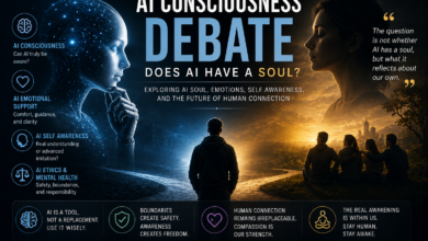 AI consciousness debate explaining whether AI has a soul, emotions, self awareness, emotional support, and mental health safety.