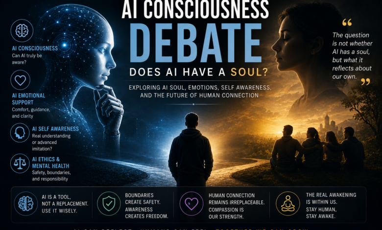 AI consciousness debate explaining whether AI has a soul, emotions, self awareness, emotional support, and mental health safety.
