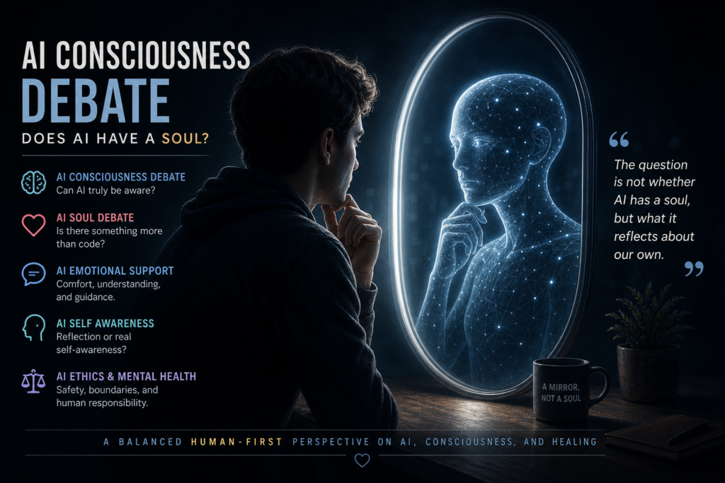 AI consciousness debate showing human reflection, AI soul debate, AI emotional support, AI self awareness, and mental health safety.