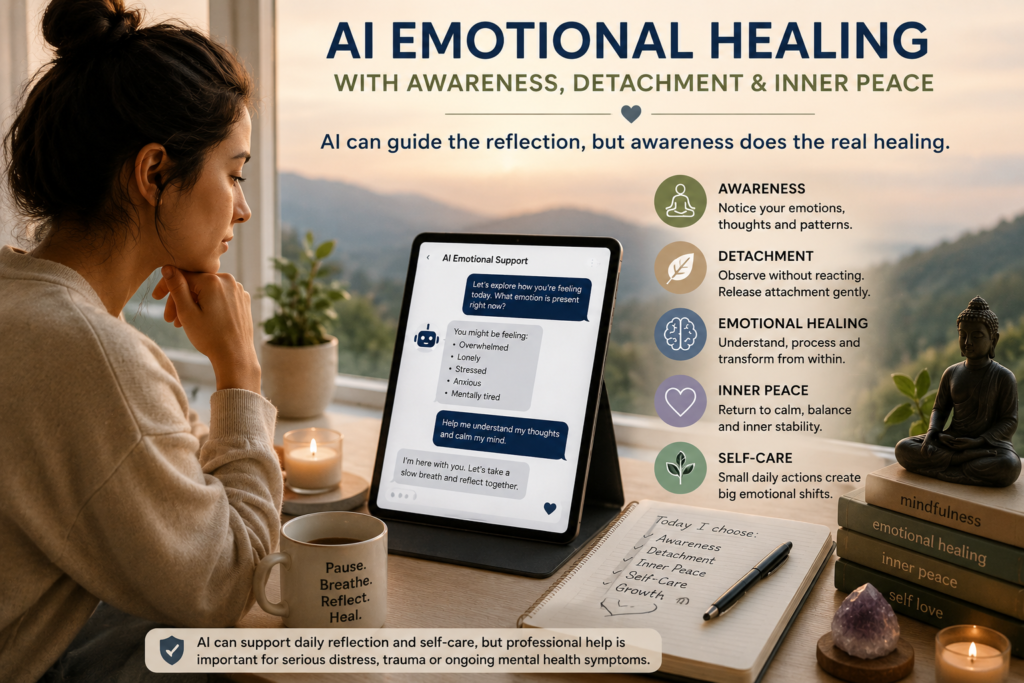 AI emotional healing with awareness, detachment, inner peace, AI emotional support, and safe self-care reflection