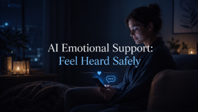 AI emotional support helping a person feel heard safely through reflective AI self-help tools and emotional validation.