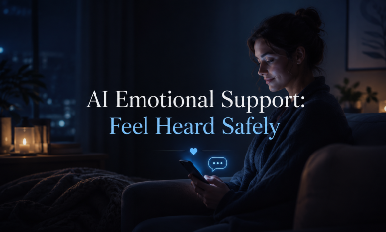 AI emotional support helping a person feel heard safely through reflective AI self-help tools and emotional validation.