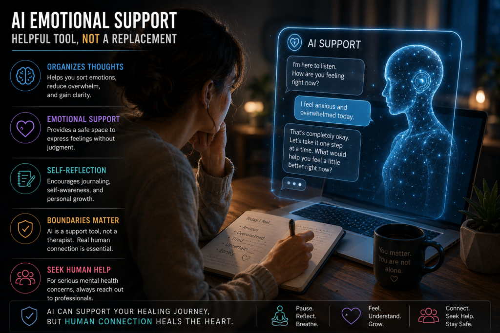 AI emotional support helping organize thoughts, support self-reflection, and explain mental health boundaries in the AI consciousness debate.
