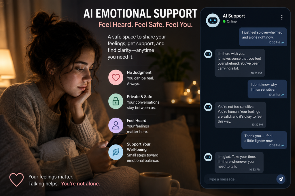 AI emotional support helping a lonely person feel heard, emotionally validated, and safely supported through an AI chatbot.