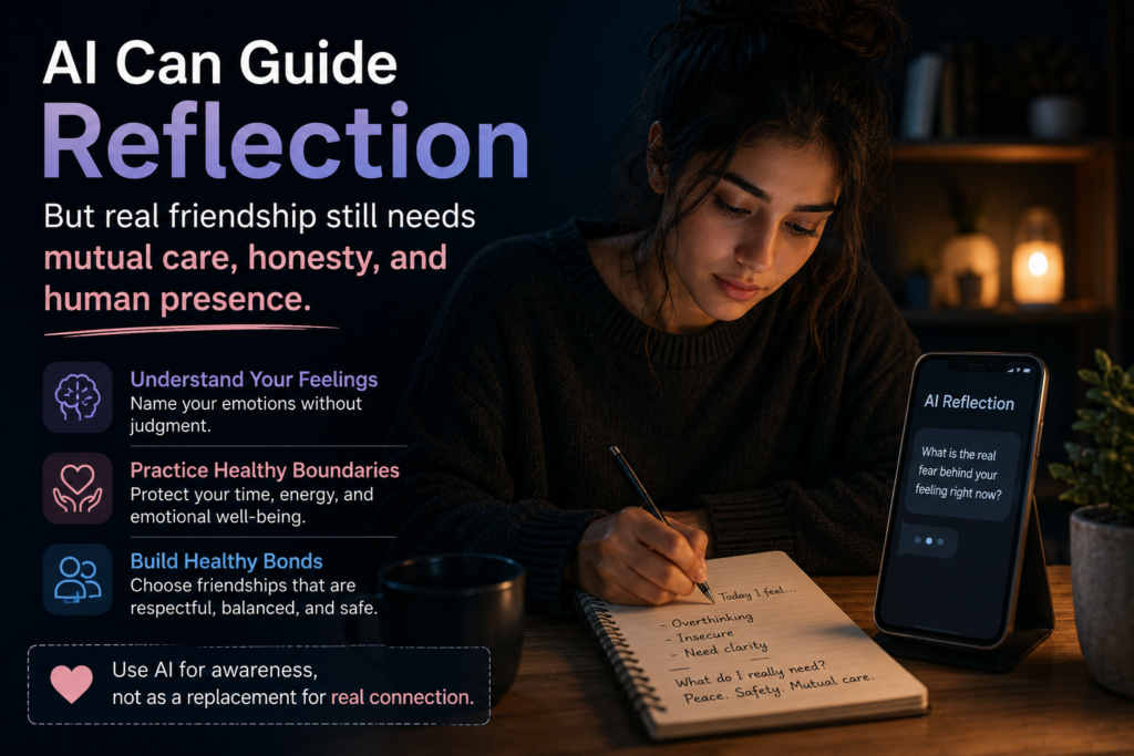 AI friendship support helping with friendship attachment, friendship anxiety, healthy friendship boundaries, emotional attachment in friendship, and healthy bonds.