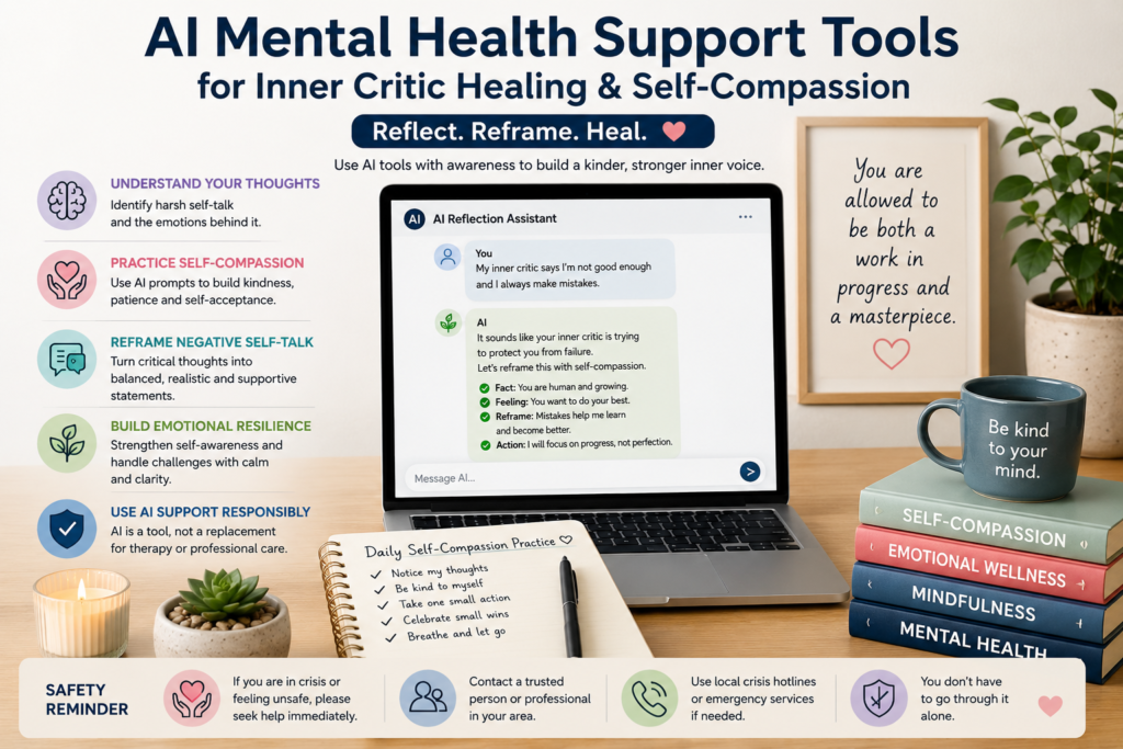 AI mental health support tools for inner critic healing, self compassion practice, and responsible emotional support