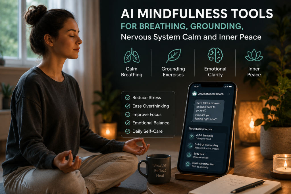 AI mindfulness tools for breathing, grounding, nervous system calm, emotional balance, and inner peace