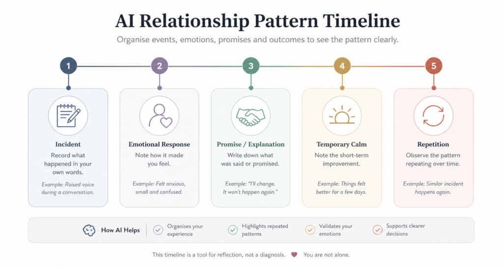 Timeline organising repeated relationship events and emotional responses