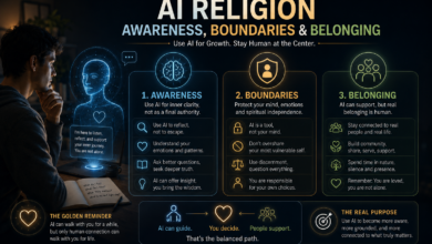 AI religion showing awareness boundaries and human belonging with AI spirituality and digital spirituality guidance