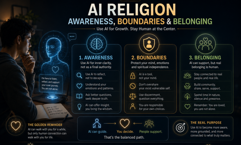 AI religion showing awareness boundaries and human belonging with AI spirituality and digital spirituality guidance