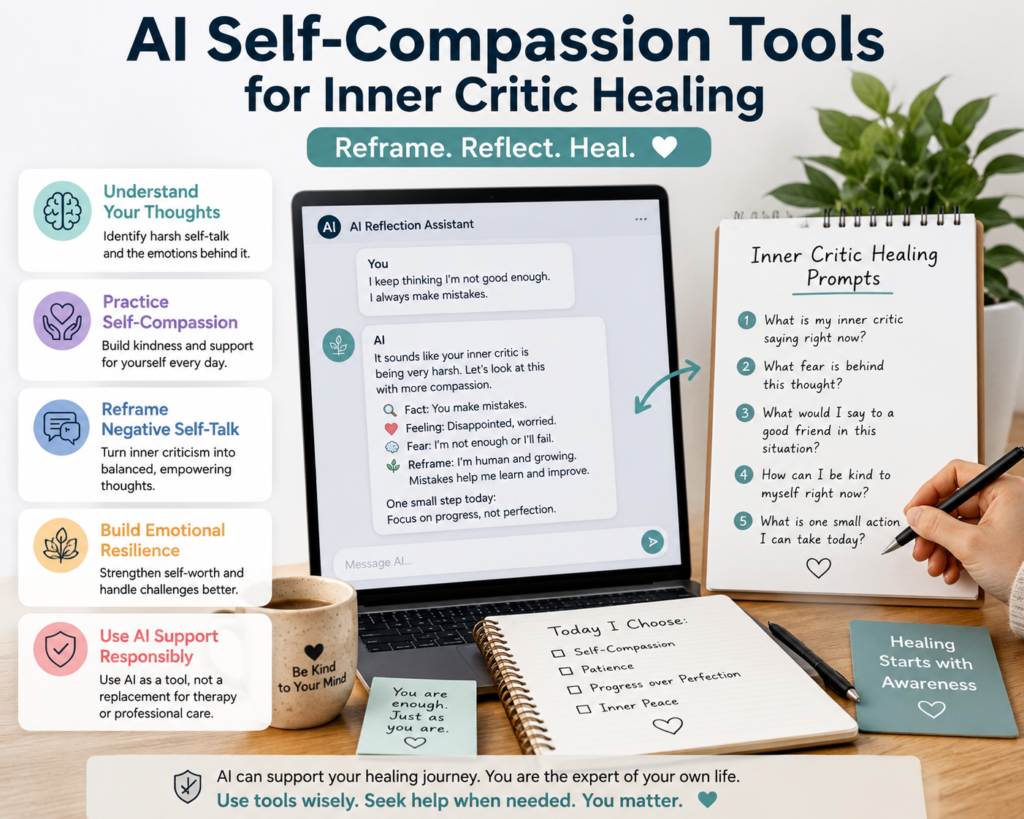 AI self compassion tools with inner critic healing prompts for negative self-talk and emotional resilience