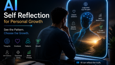 AI self reflection for personal growth showing a person using AI to understand thoughts, emotions, patterns, and better choices.