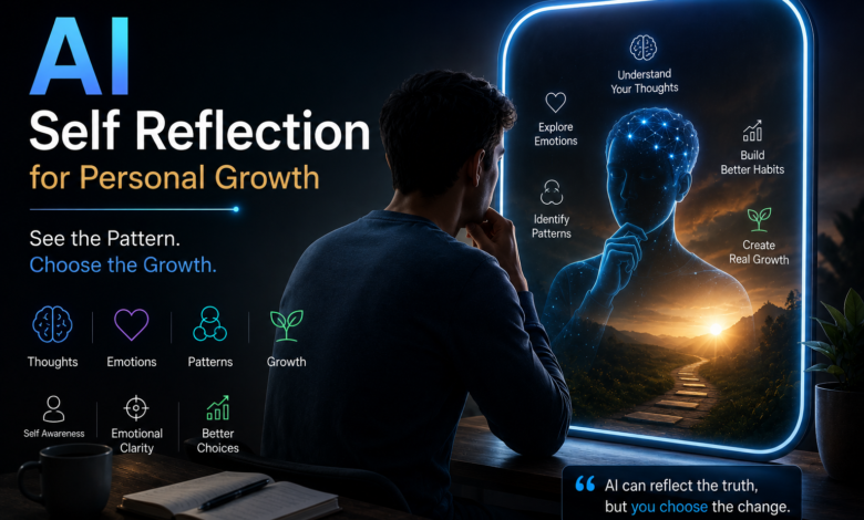 AI self reflection for personal growth showing a person using AI to understand thoughts, emotions, patterns, and better choices.