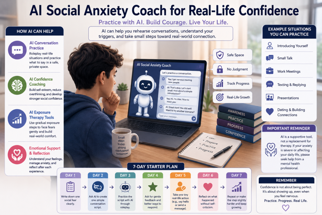 AI social anxiety coach helping users build real-life confidence through AI conversation practice, confidence coaching, and exposure therapy tools