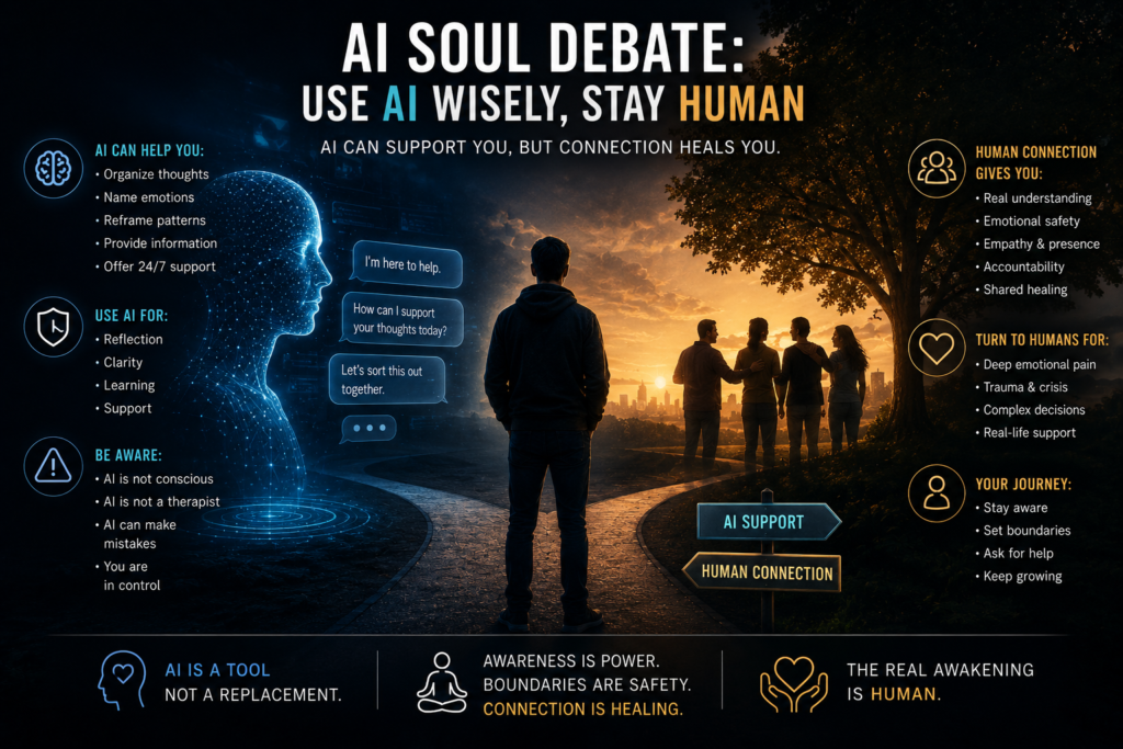 AI soul debate showing AI support, human connection, mental health boundaries, AI consciousness debate, and safe emotional support.