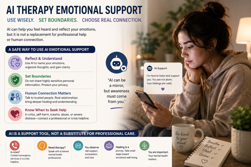AI therapy emotional support used with safe boundaries, human connection, privacy awareness, and professional help when needed.