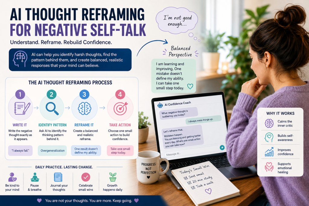 AI thought reframing for negative self-talk showing how to identify harsh thoughts, reframe them, and rebuild confidence with AI support.