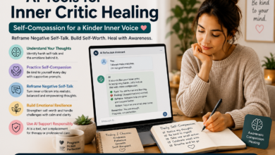 AI tools for inner critic healing with self compassion support, negative self-talk reframing, emotional resilience, and safe AI mental health support