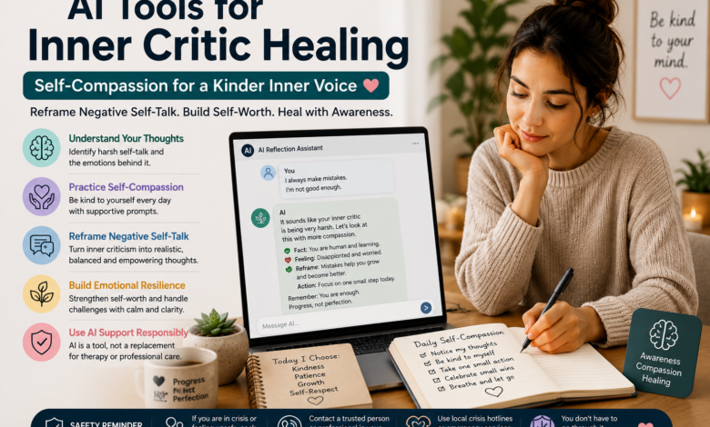 AI tools for inner critic healing with self compassion support, negative self-talk reframing, emotional resilience, and safe AI mental health support