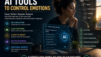 AI tools to control emotions showing self reflection, emotional regulation tools, AI mental health tools, and calm responses.
