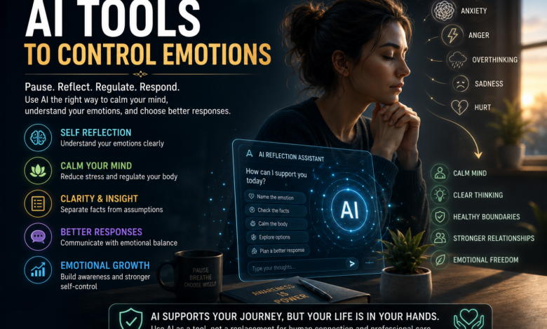 AI tools to control emotions showing self reflection, emotional regulation tools, AI mental health tools, and calm responses.