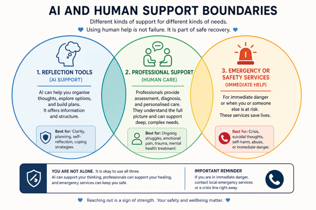 Diagram showing AI reflection, professional support, and emergency safety services