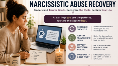 AI for narcissistic abuse recovery showing trauma bond help, narcissistic abuse cycle awareness, trauma bond signs, emotional healing, safety, and self-trust.