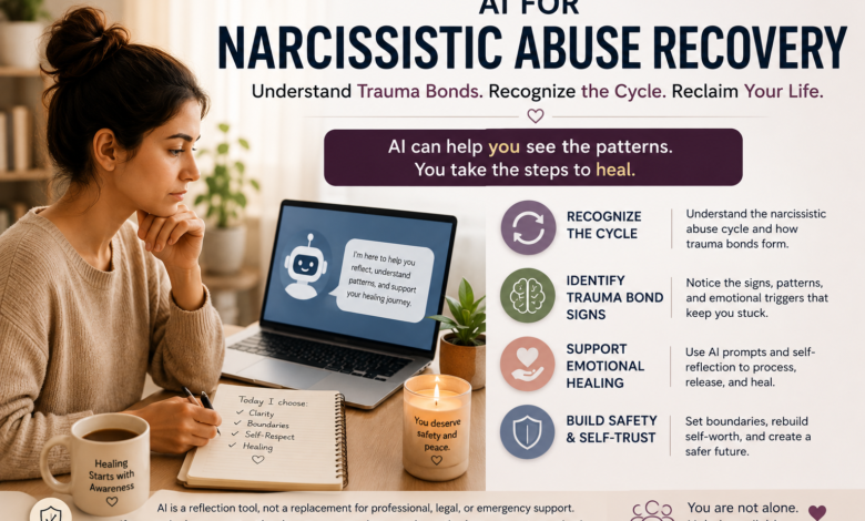 AI for narcissistic abuse recovery showing trauma bond help, narcissistic abuse cycle awareness, trauma bond signs, emotional healing, safety, and self-trust.
